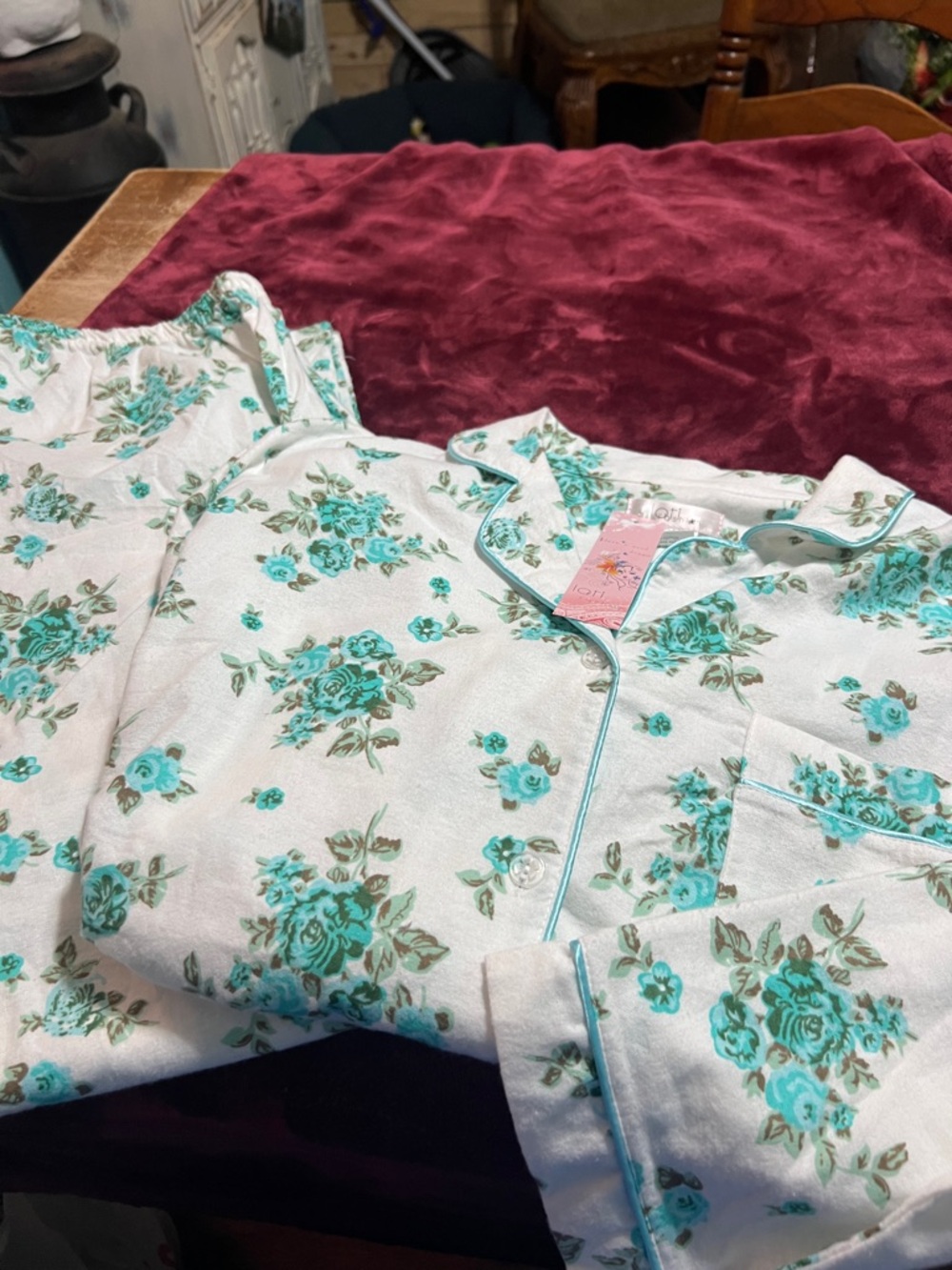 Womens Floral Cotton Pajama Set - White with Teal Roses